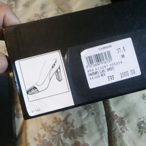 Chanel Cambon sling back shoes 37.5 = 7.5 USA black w/ blk patent toe - Picture 5 of 16